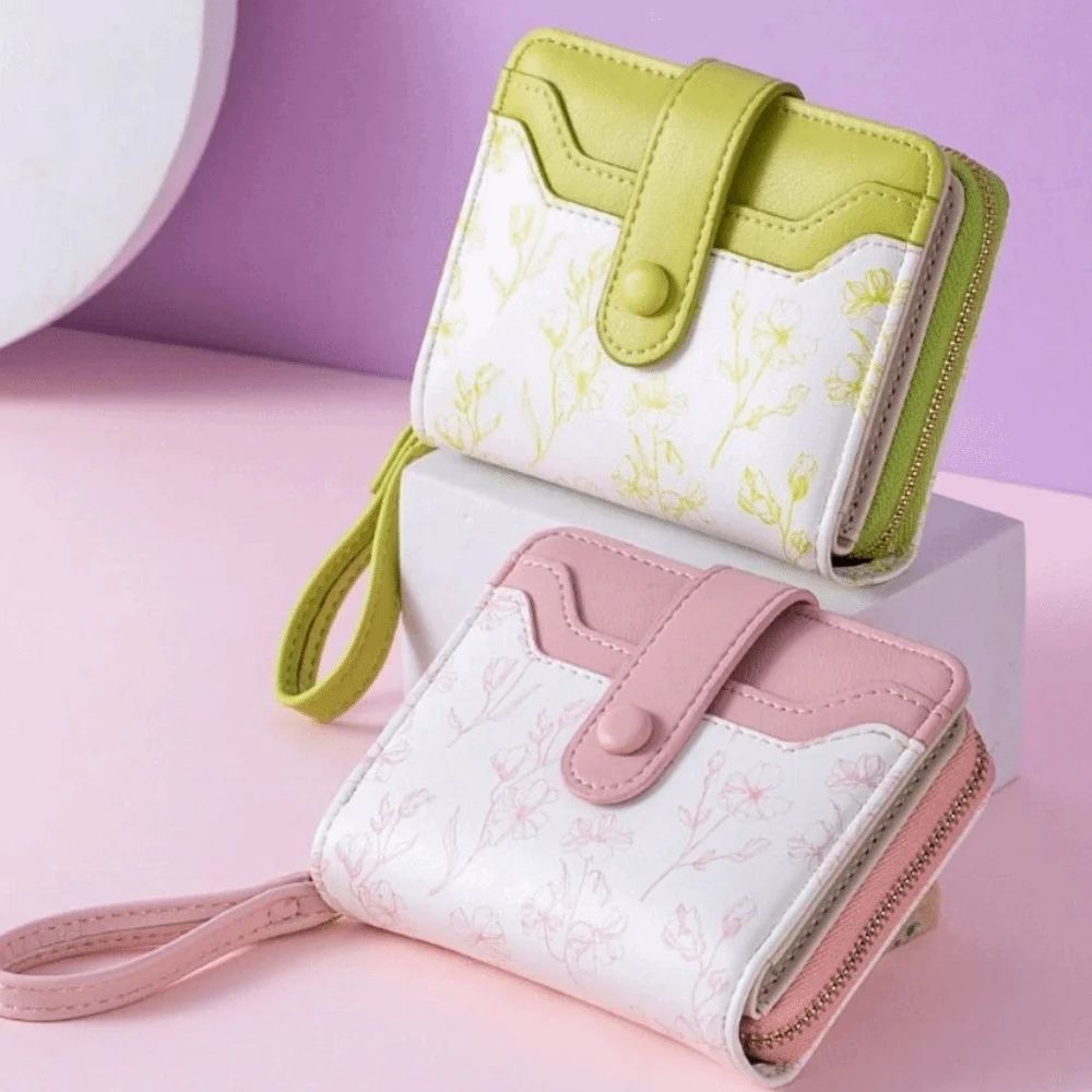

Floral Print Mini Coin Purse Bag Zipper Pouch Multi Function PU Leather Short Wallet ID Credit Card Korean Ins Fashion