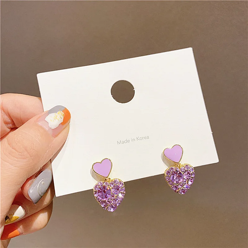 Cute Sweet Love Heart Drop Earrings for Women Purple Crystal Rhinestones Enamel Oil Dangle Earrings New Fashion Jewelry Gift