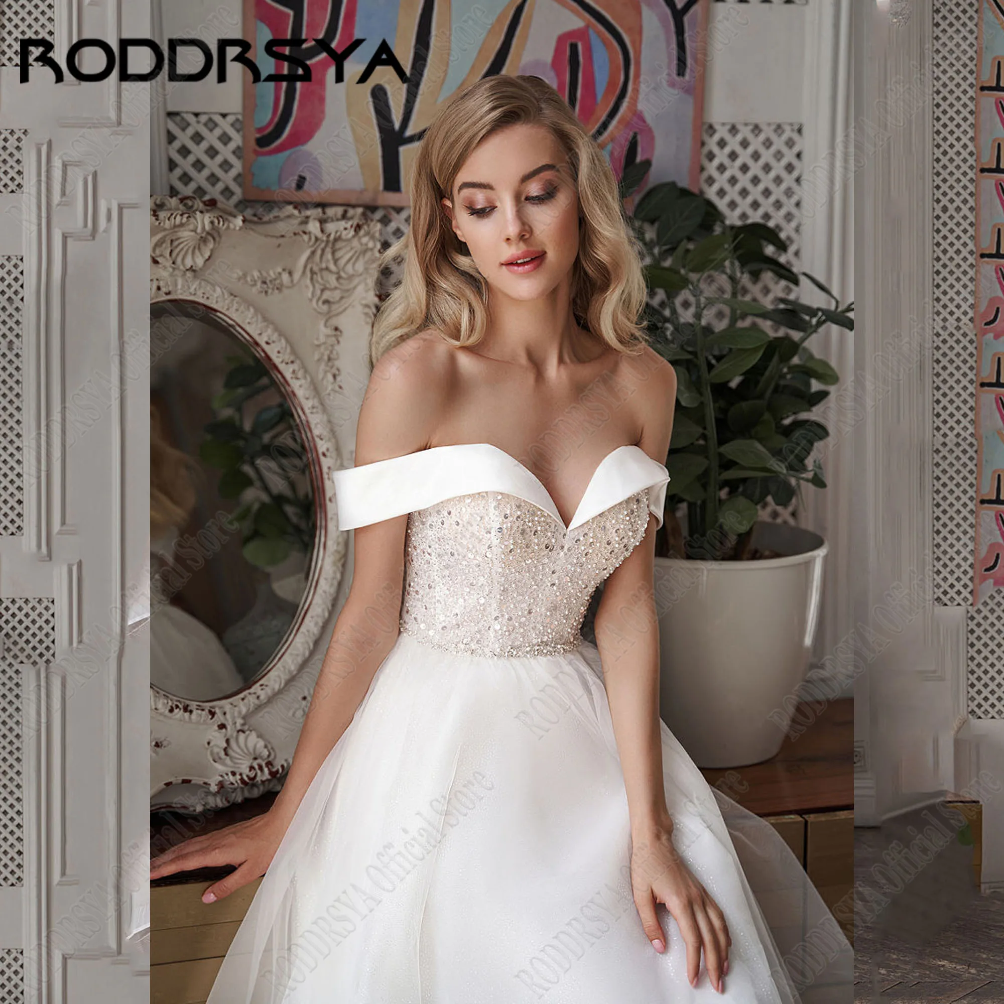 RODDRSYA Shiny Tulle Wedding Dress Sequined Off Shoulder V-Neck A-Line Bride Gowns 2024 Beading Tea-Length vestidos de novia