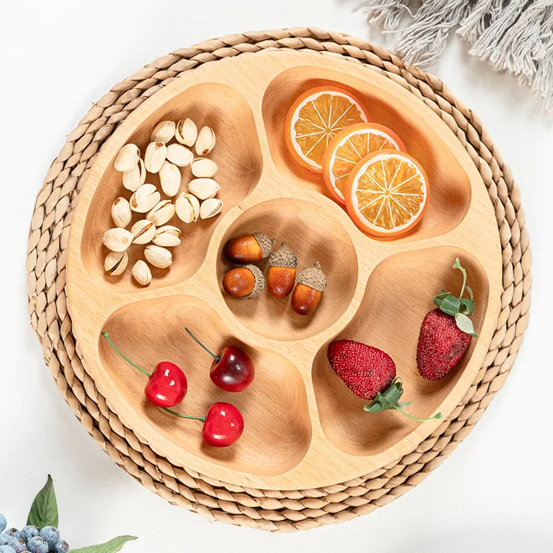 Creative Home Living Room Fruit Tray Solid Nature Wood Partition Plate Hotel Snack Five Plaid Storage Tray Round Dry Fruit Snack