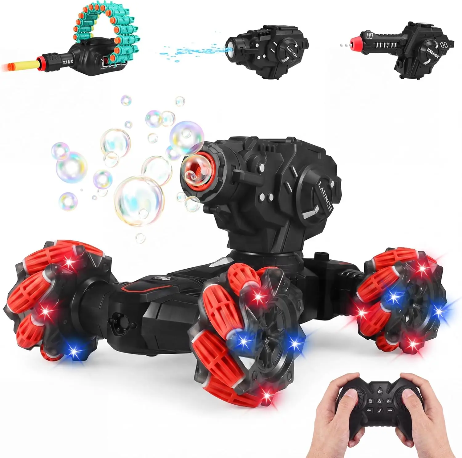 Kids RC Car Toy: 4-in-1 Foam Dart Shooter, Gel Ball Blaster, Bubble Maker & Water Cannon with Flips, 360° Spins, Light-Up Mist Effect, 2.4GHz Remote Control, Gift for Boys & Girls