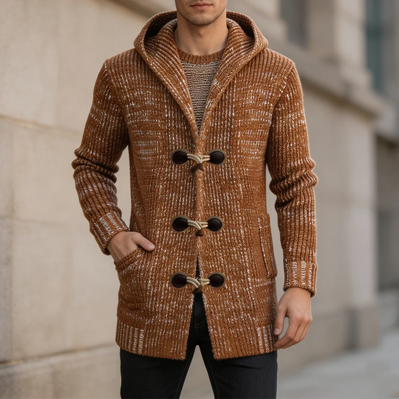 Daily Leisure Hooded Toggle Button Knit Coat Mens Fall Winter Mid‑Long Open Front Knitted Outerwear Men With Side Pockets