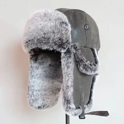 Adult Bomber Hats Winter Men Warm Windproof Russian Ushanka Hat With Ear Flap Pu Leather Fur Man Male Trapper Cap Earflap