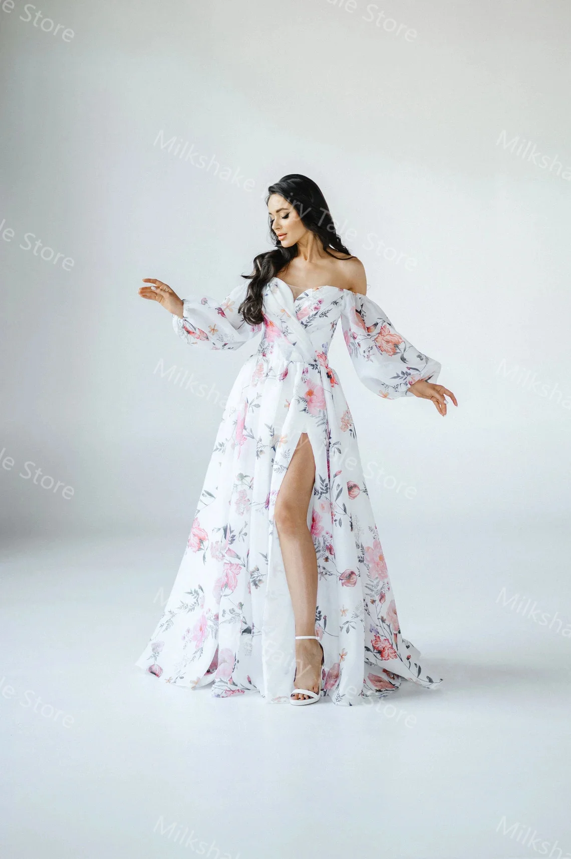 Glamorosos vestidos de noche de línea A con hombros descubiertos, vestidos de fiesta con estampado Floral para mujer, vestidos de fiesta de boda personalizados hasta el suelo sexys