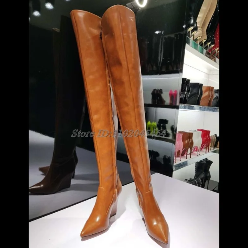 Black/Brown Pointed Toe Wedges Thigh High Boots Women's Pointed Toe Leather Zipper Long Boot Big Size Luxury Designer Shoes