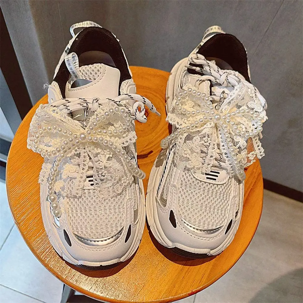 

1 Pair Bowknot Shoelaces Clips Buckle Pearl Elegant Shoelaces Charm Buckle Mesh Lace Shoes Decorations Accessory