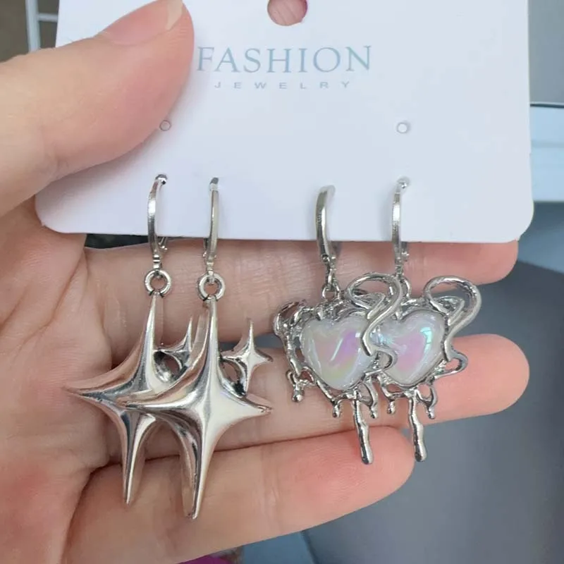 2024 New Fashion Silver Color Star Cross Pendant Earrings for Women Simple White Opal Heart Shaped Earrings Y2K Jewelry Gifts