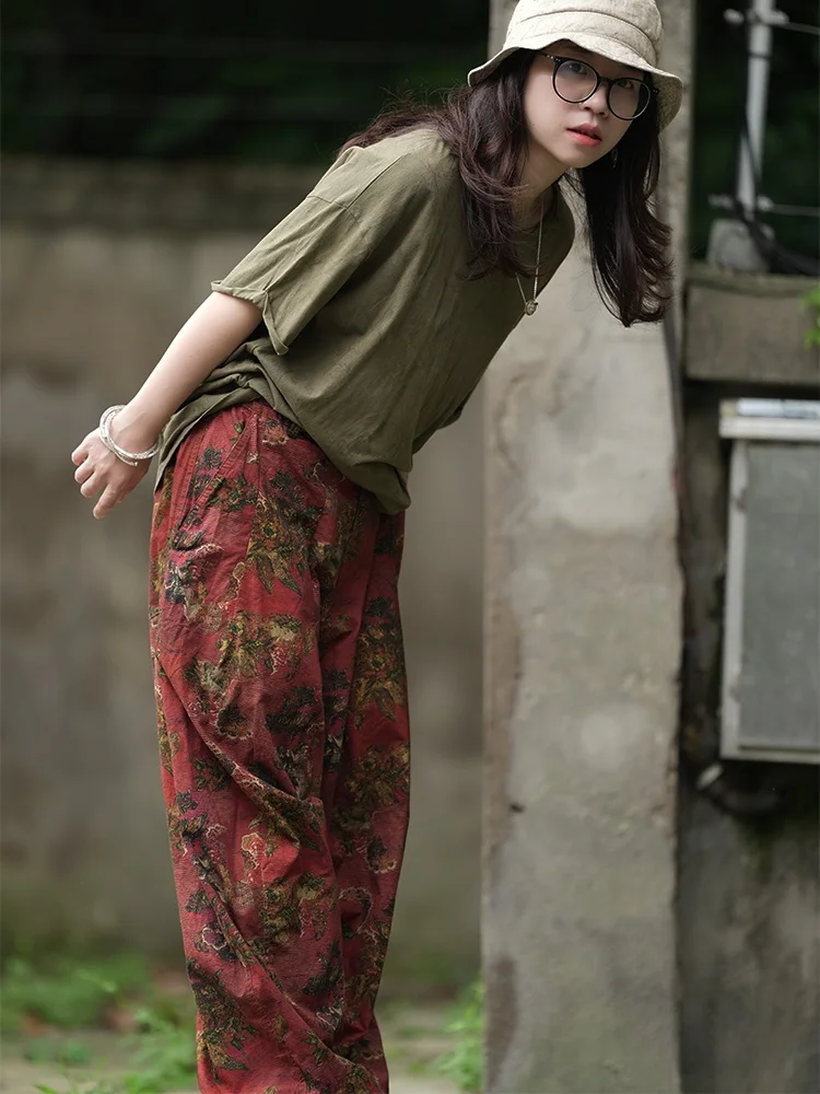 

Loose Plant-Dyed Short-Sleeve T-Shirt Casual Artistic Vintage Design Cotton Summer Top for Women in Their 30s round Neck