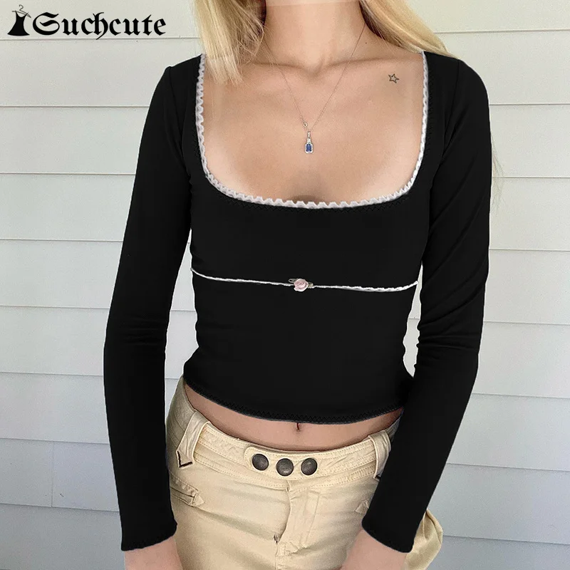 

SUCHCUTE Fashion Women T-shirt Long Sleeve Square Collar Solid Color Patchwork Crop Top Casual Slim Fit Korean Style Streetwear