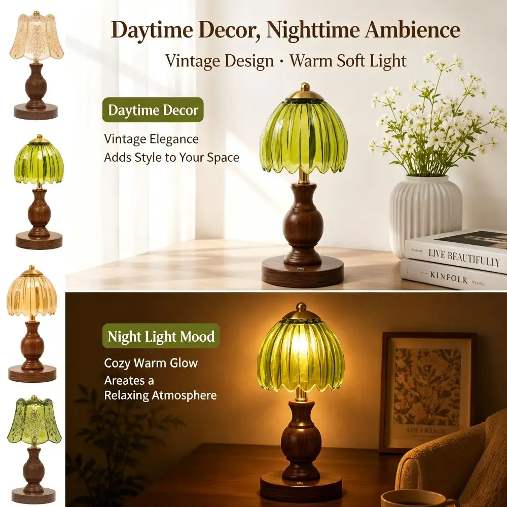 Walnut Wood Tone Retro Glass Table Lamp Glass Lampshade Soft Warm Light Vintage Glass Table Lamp Amber Horizontal Pattern