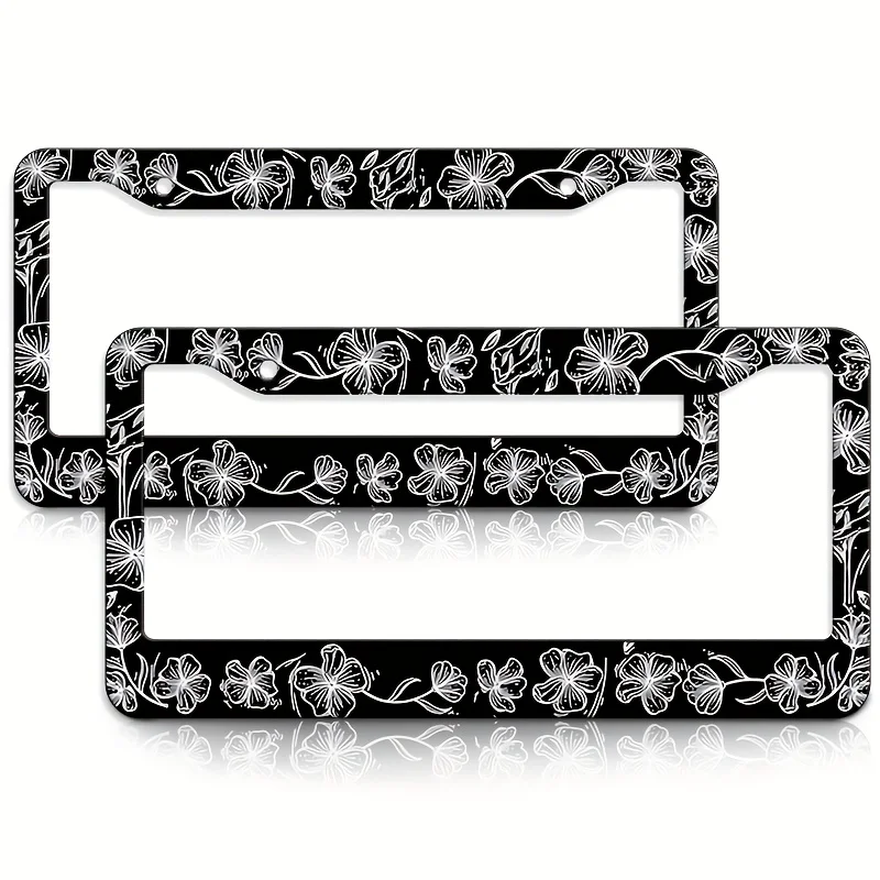 2Pcs Black White Floral License Plate Frames Delicate Sketch Flower Print Minimalist Botanical Car Tag Holders for Women