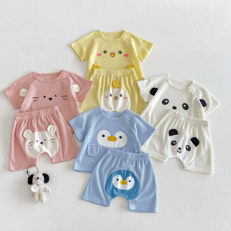 

2026 New Summer Children's Animal Cartoon Waffle Checkered Short Sleeved T-shirt and Shorts Two-piece Set