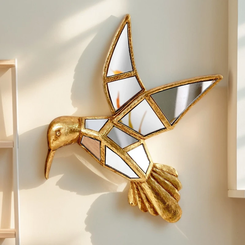 Golden Bird Mirror Wall Hanging Piece Resin Handicrafts Golden Hummingbird Background Wall Decoration Mirror Hanging Piece