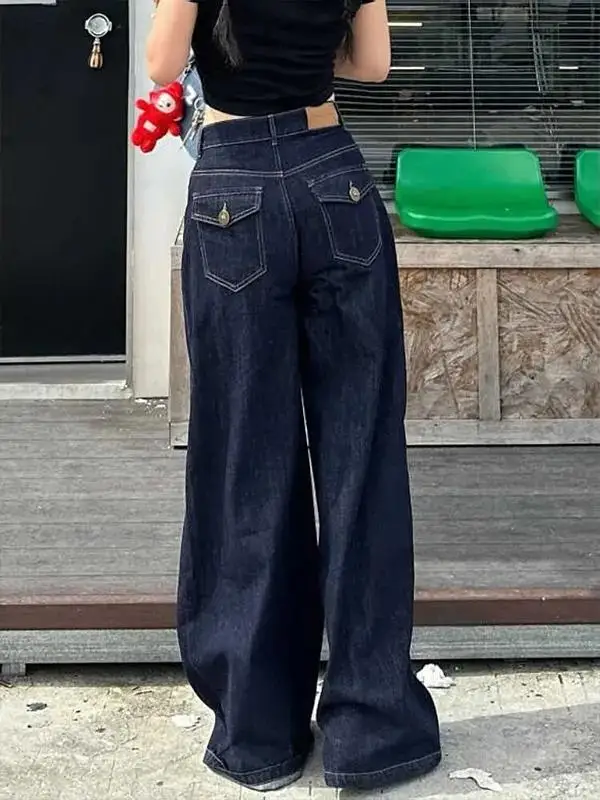 Retro American Wide Leg Denim Jeans Women's High Waist Straight Loose Fitting Long Pants Autumn Season Casual Sle