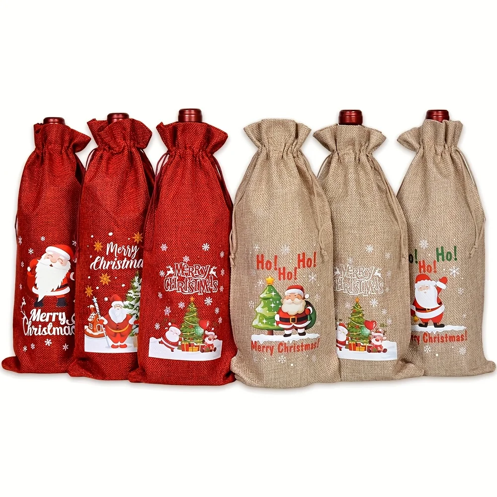 Festive Christmas Wine Bottle Gift Bags - Red & Khaki Burlap Tote Bags with Santa Claus, Christmas Trees, Christmas Decorations view 4
