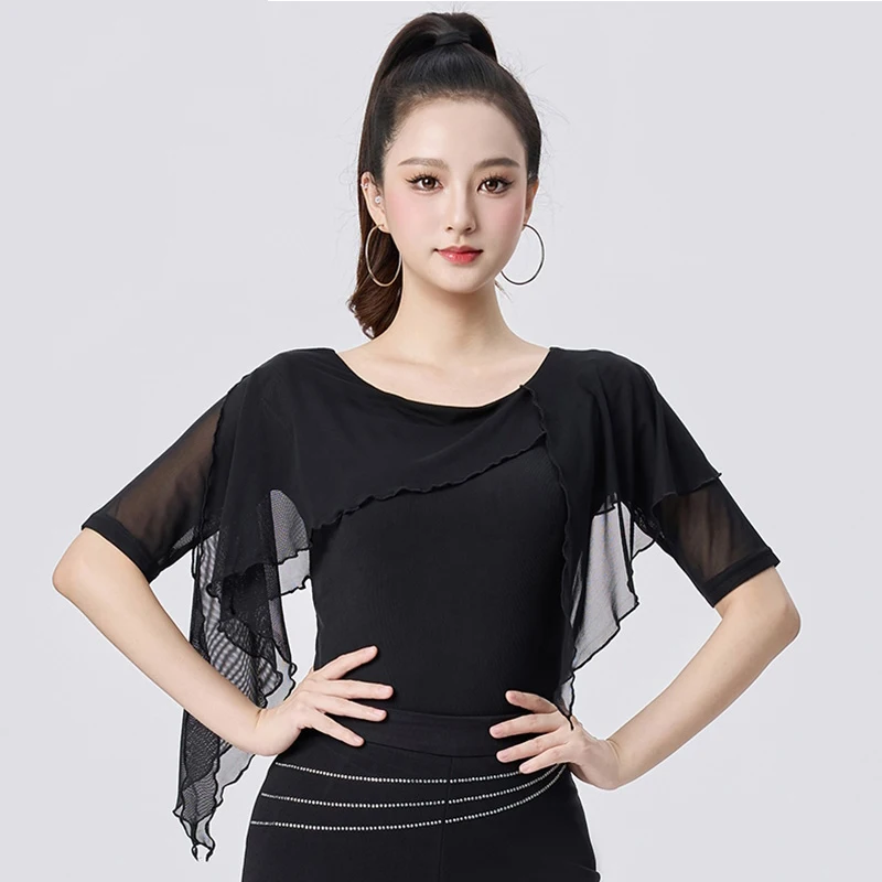 

Black Latin Dance Tops Women Ballroom Dance Costumes Round Neck Mesh Top Adult Tango Standard Dance Practice Clothes AMY2491