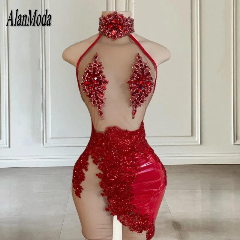 Sexy Red Birthday Dress For Women Luxury 2023 Glam Crystal High Neck Short Prom Gowns Lace Applique Black Girls Party Gala Dress