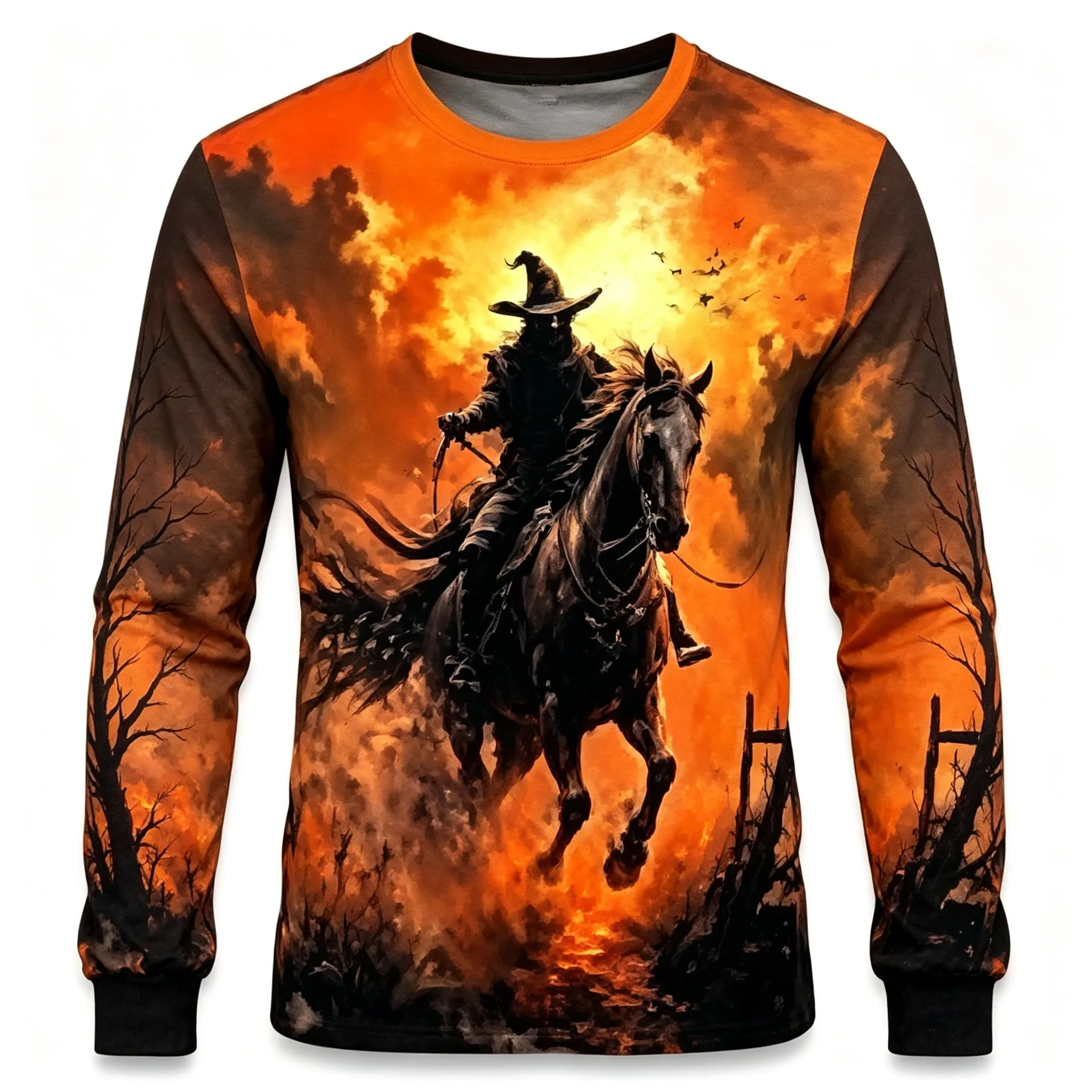 Men's Long Sleeve T-Shirt Halloween Pumpkin Haunted Castle Bat Print Crew Neck Casual Top