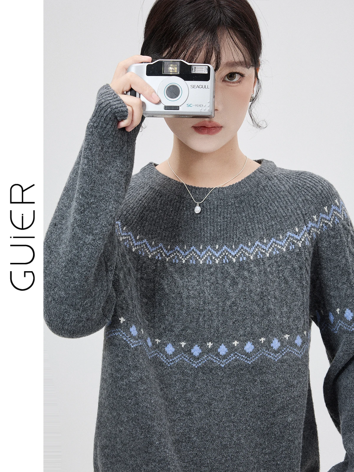 

Вязаный свитер Guier Color Blo для женщин, ретро-стиль, круглый вырез, удлиненный, облегающий, винтажный, высококачественный, зимний, модный