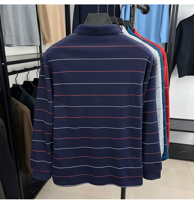 Hochwertiges gestreiftes Langarm-Poloshirt für Herren, neues Komfort-Taschendesign, Frühling/Herbst, luxuriöses Business-Casual-T-Shirt. – Detail 8