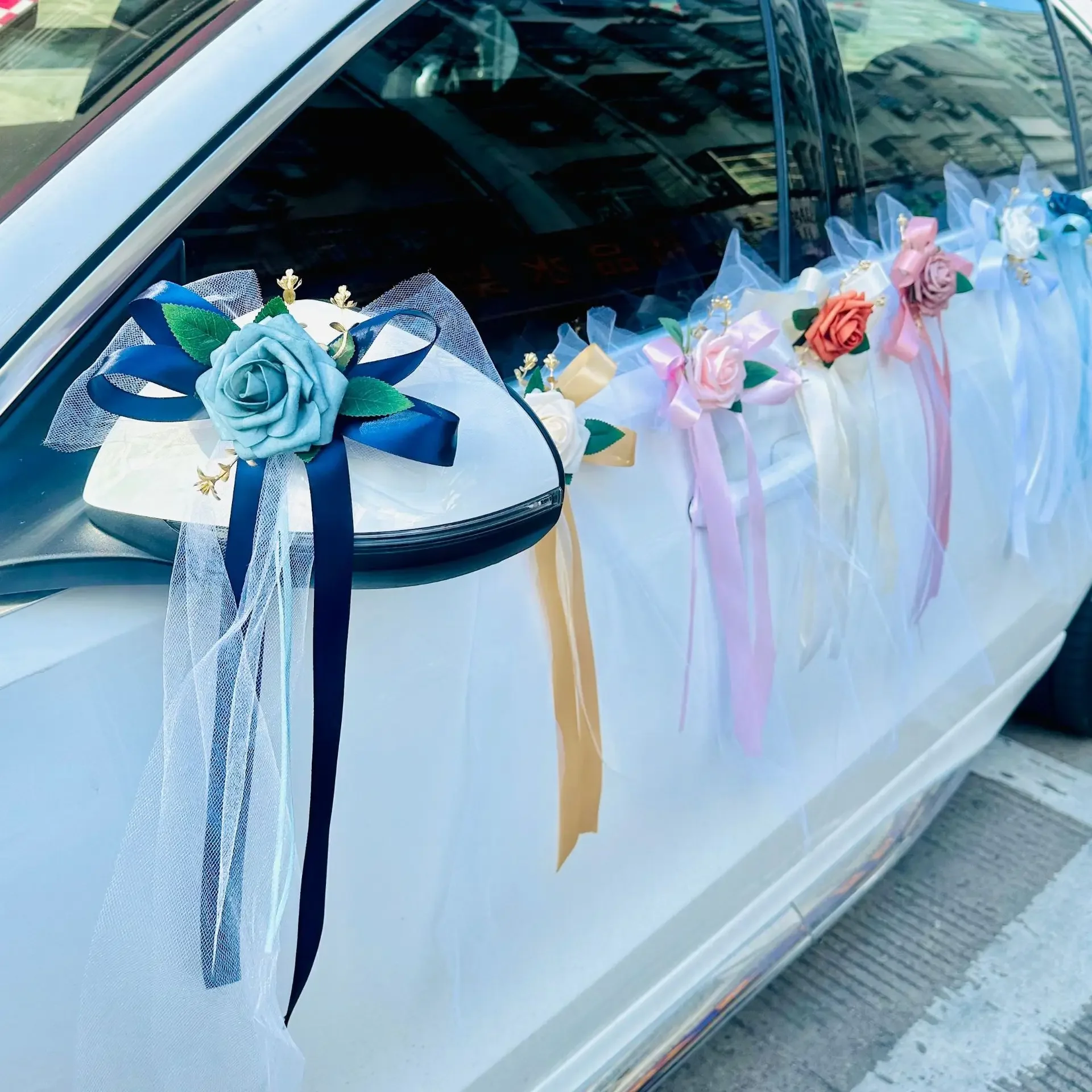 YeeNanee 6pcs Multi-use Rustic Wedding Car Rearview Mirror Door Handle Flowers Just Married Car Decor Wedding Aisle Chair Flower