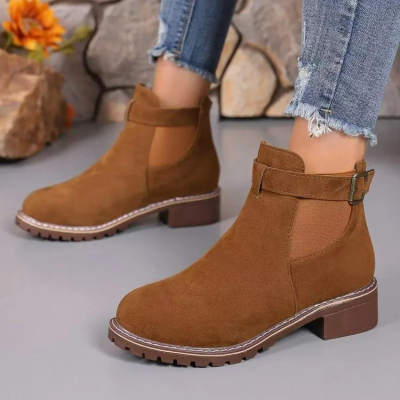 

Women's Boots Platform Ankle Boots High Quality Belt Buckle Casual Shoes Solid Color Short Boots Plus Size Round Toe Women Shoes