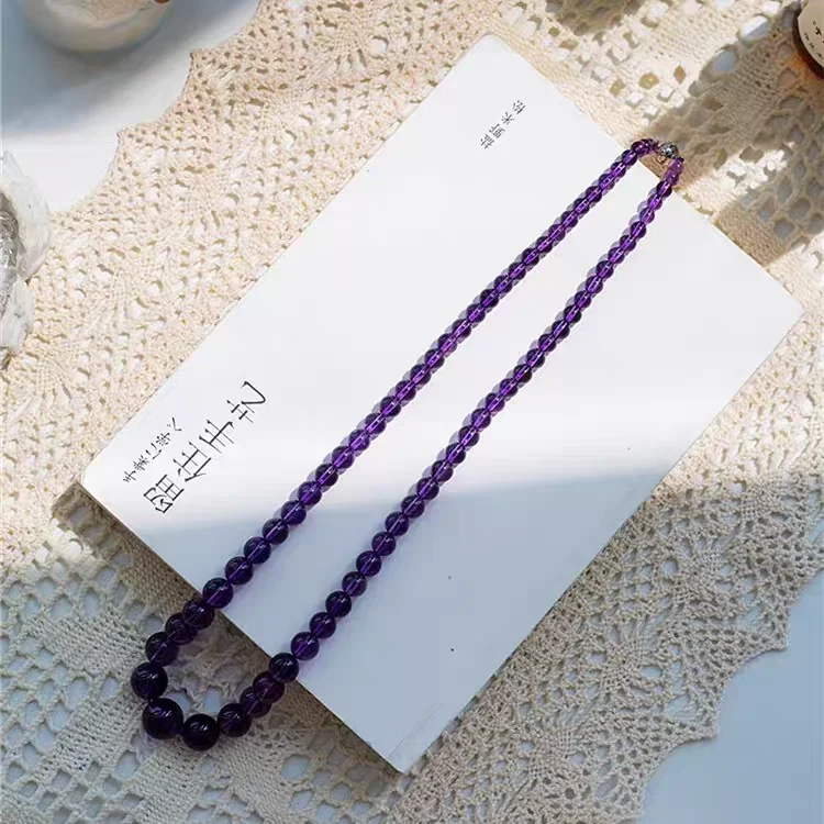 Natural Purple Amethyst Bead Necklace 5-10mm Round Beads Chain Pendant Natural Amethyst Necklace AAAAAA
