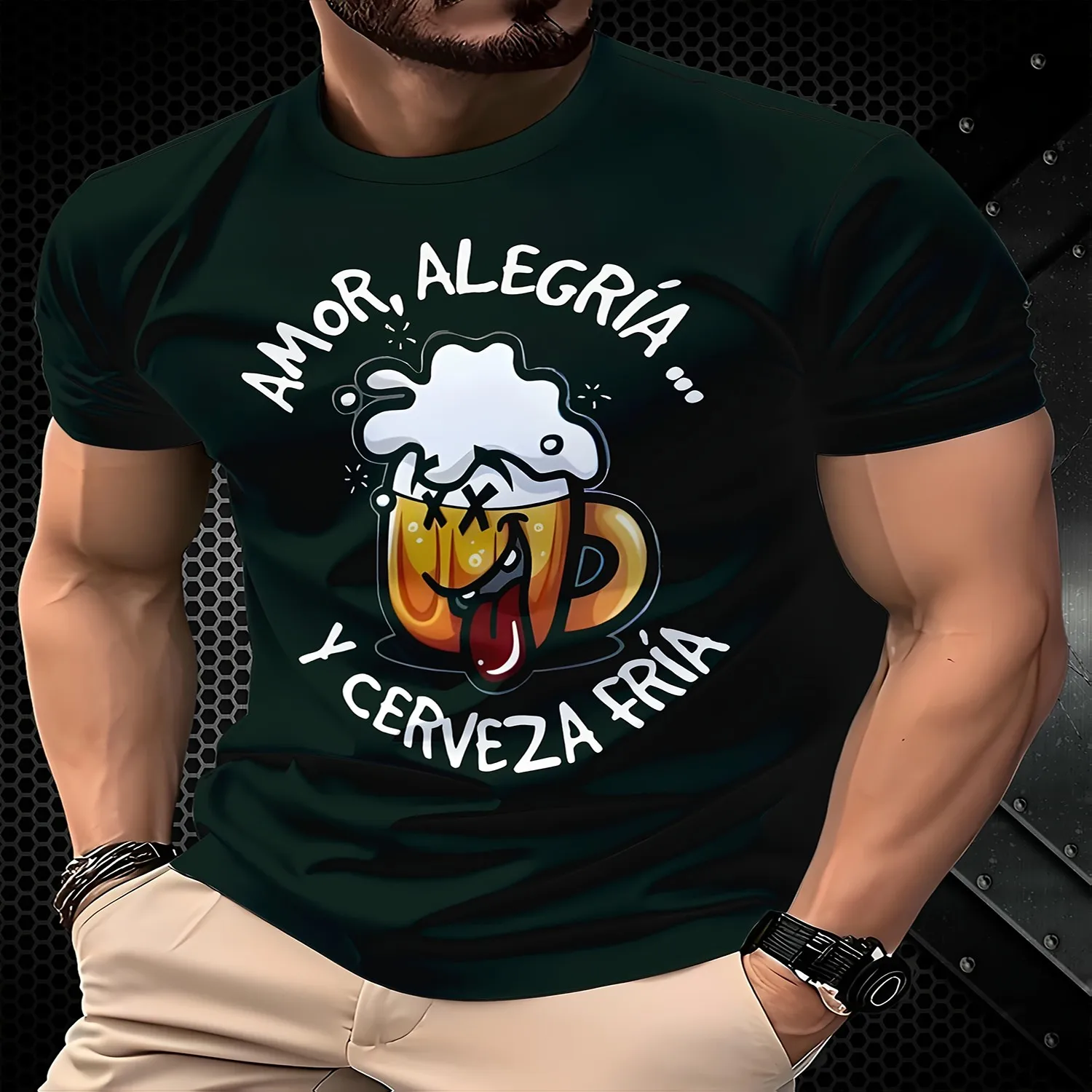 Comfortable and Versatile Men's Short-sleeve Top, Featuring an Animated Beer Print, Crew Neck, and Stylish Short-sleeve Sport T-shirt Men Graphic Tee, Weekend Casual Top