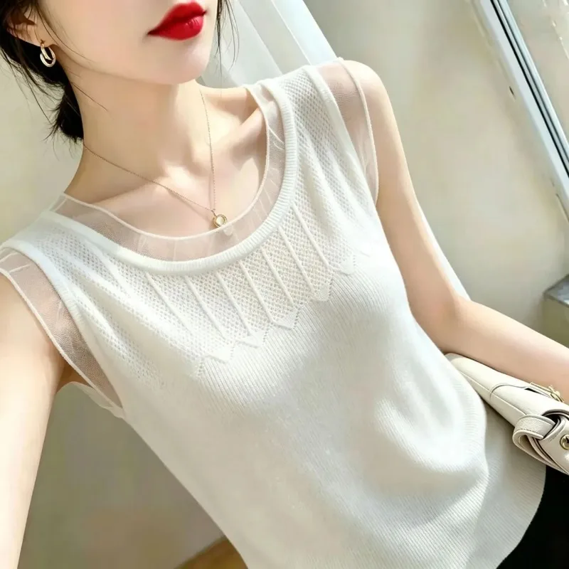 

Womens Mesh Panel Knit Tank Top Sleeveless Hollow Out Summer Casual Blouse