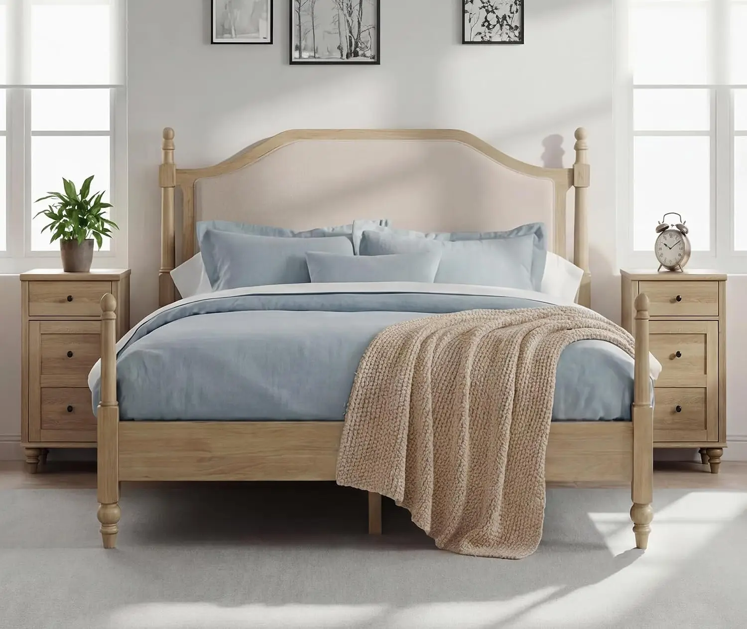 Platform Bed with Upholstered Headboard & 2 Storage Nightstands with Power Outlets & USB Ports, Oak, Customized