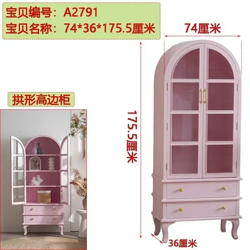 

mobili per il soggiorno French Pink Bookcase Bedroom Storage Japanese Solid Wood Arched Glass Door Bookshelf Living Room Vintage