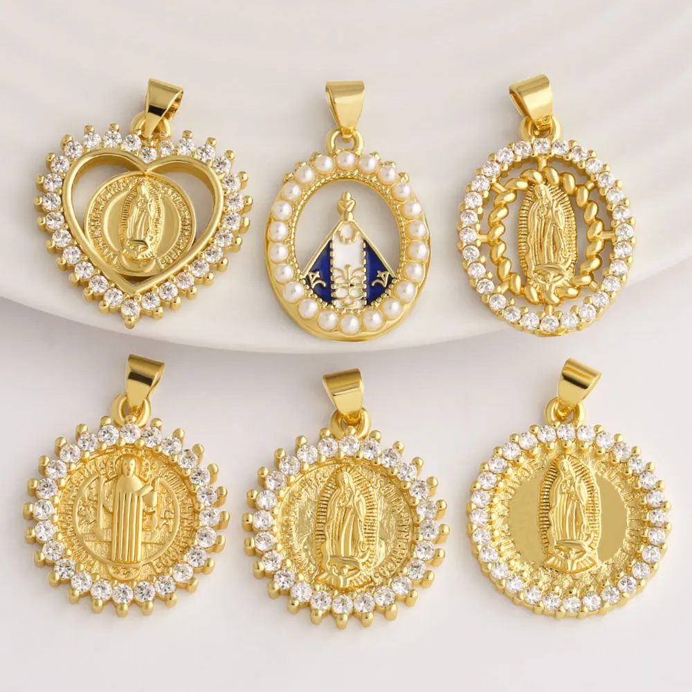 OCESRIO Catholic Virgin Mary Gold Plated Copper Pearl Crystal Guadalupe Pendants for Necklace Jewelry Making Supplies pdtb982