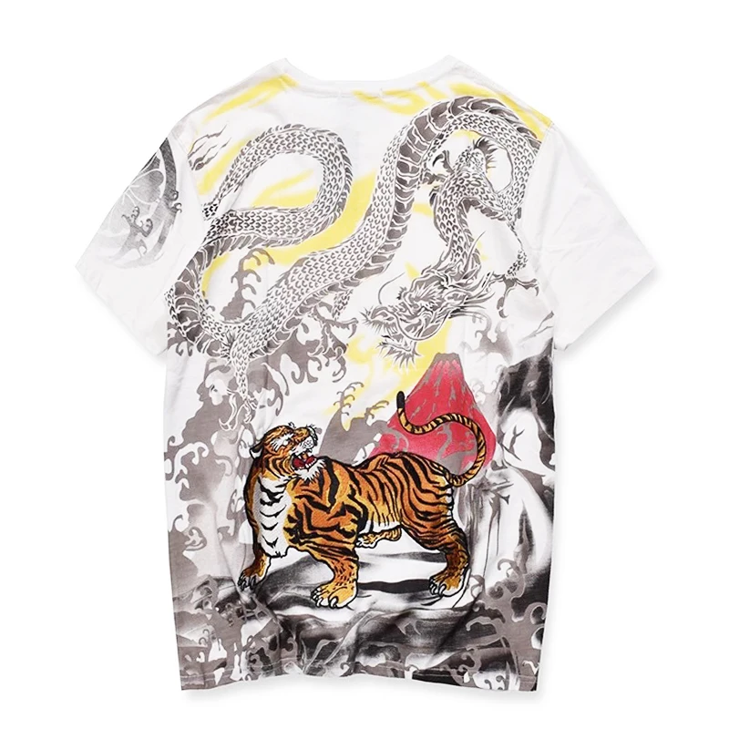 Lyprerazy Japanese Harajuku Ukiyoe Vintage Tiger Dragon Embroidery T-shirt Men Short-sleeved Chinese Style Tide Brand T Shirt