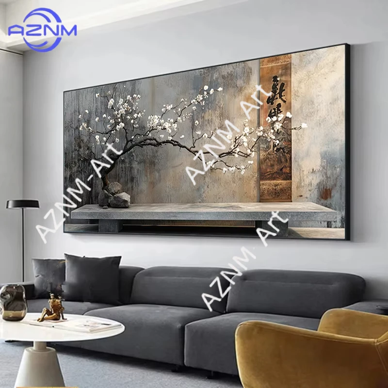 1 Stück, großes rahmenloses abstraktes Leinwandbild mit Vintage-Steinterrasse und Blumenzweig-Aufdruck, Wanddekoration für Wohnzimmer, Schlafzimmerwand