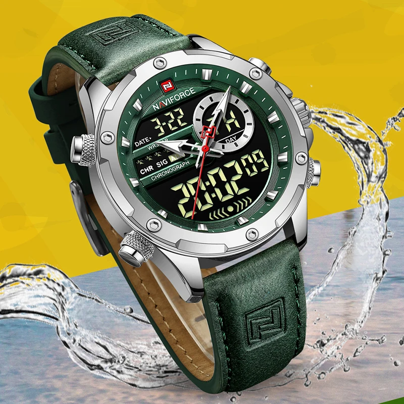 NAVIFORCE Fashion Mens Casual Green Leather Watch Military Waterproof Digital Chronograph Quartz Man Wristwatch Male Alarm Clock