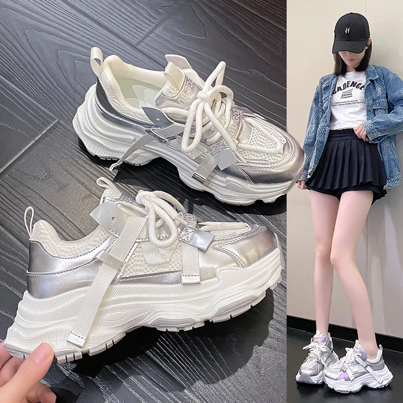 

Silver Gray Dad Sneakers Trendy ins Female spring and summer breathable mesh thick-soled good-looking casual sports shoes
