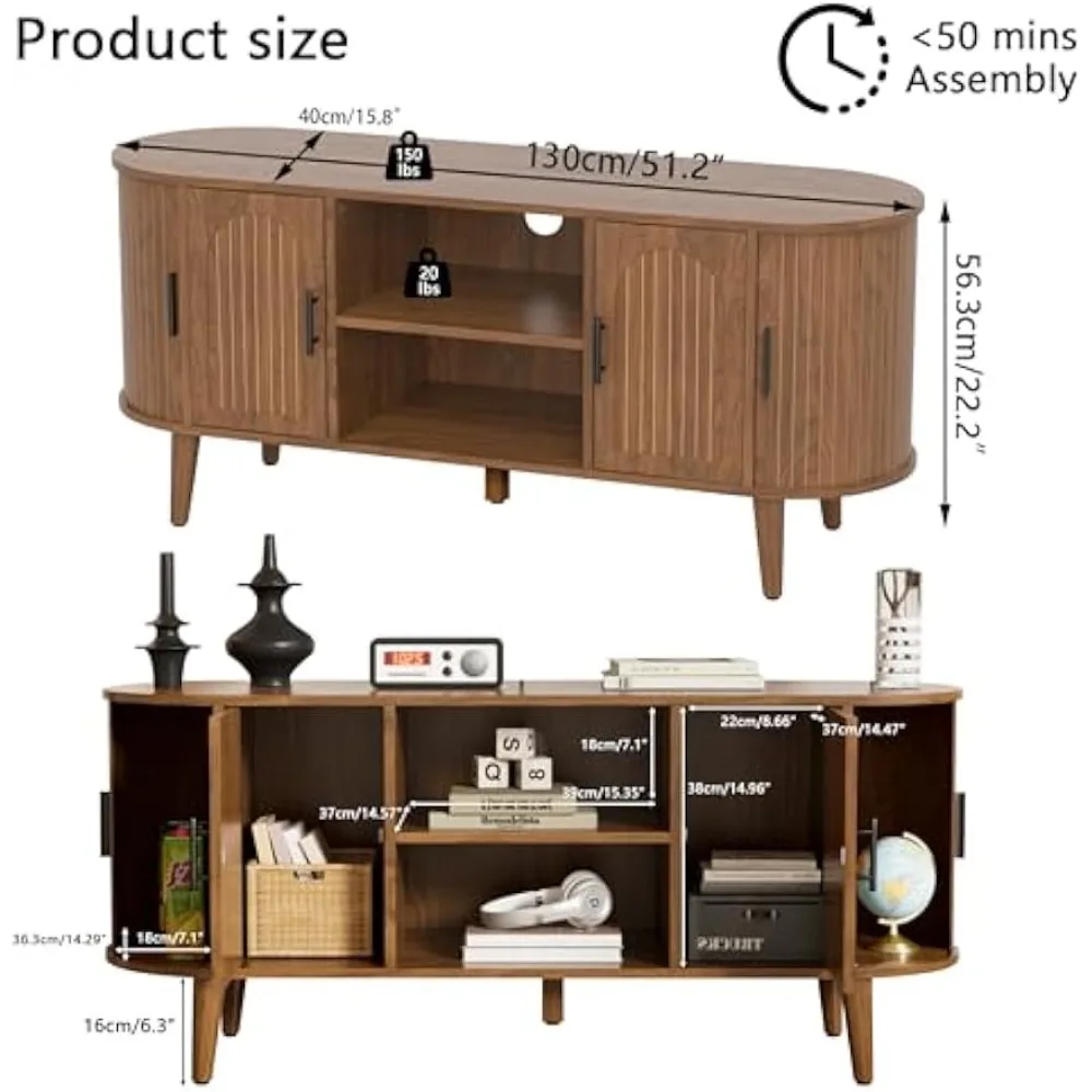 حامل تلفزيون حديث 60 من منتصف القرن مع أبواب وأدراج مخددة، وحدة تحكم وسائط منحنية لمركز الترفيه الأنيق