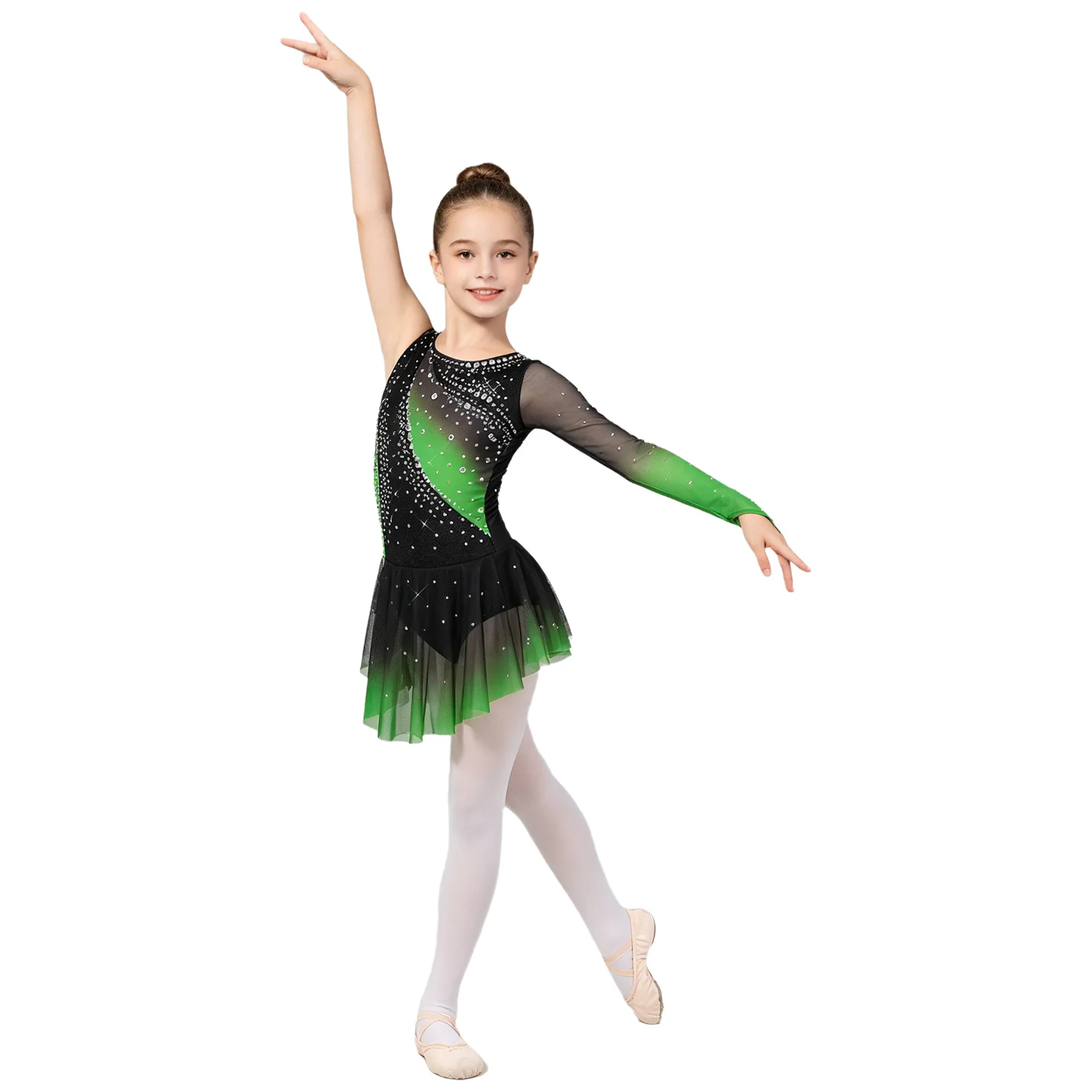 

Kids Girls Figure Skating Artistic Gymnastic Costume Ballet Jersey Lyrical Dance Dress Shiny Rhinestone Split Sheer Mesh Leotard