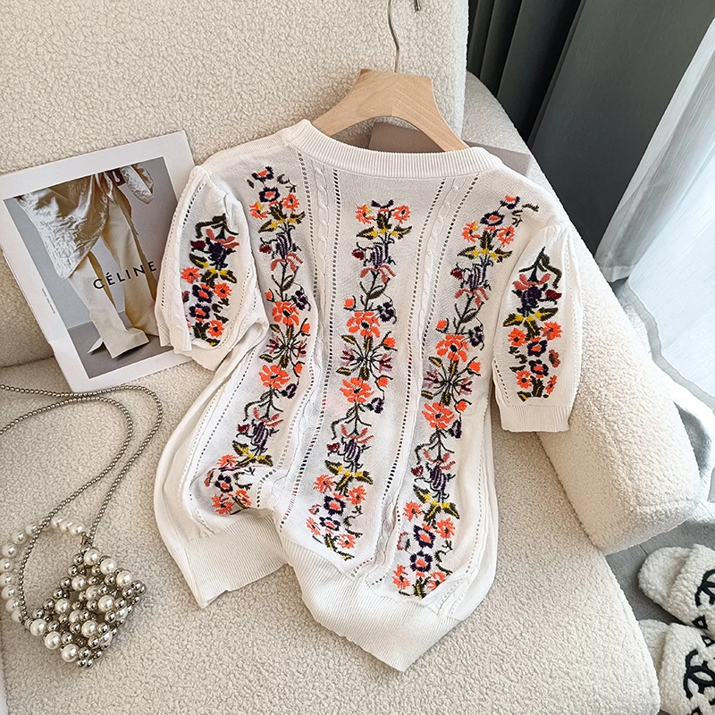 Hollow Out Pullover Embroidery Sweaters Women Sueter Mujer Vintage Tops Spring Summer Floral Knitted Jumper Sweater Shirts