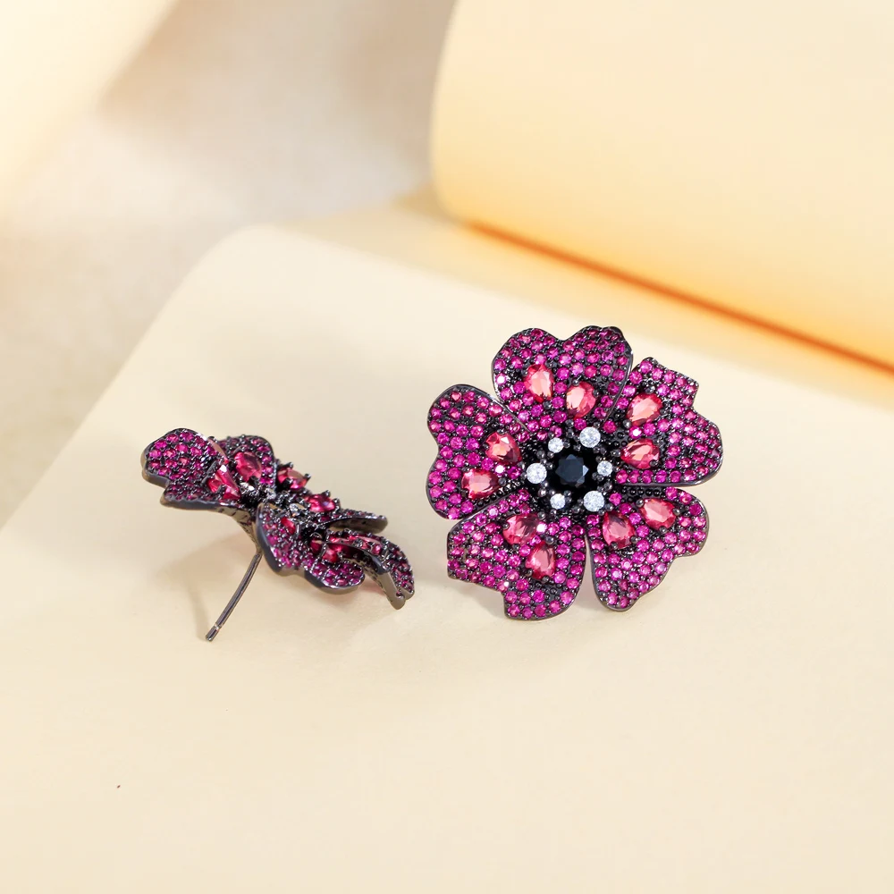 ThreeGraces Luxury Rose Red Cubic Zirconia Big Flower Stud Earrings for Women Fashion Elegant Daily Party Costume Jewelry E1905