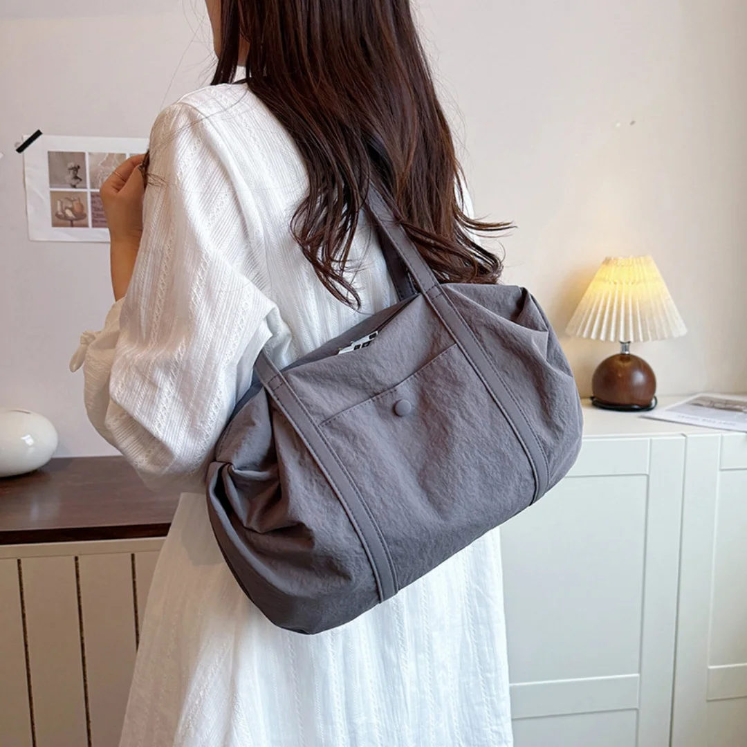 Casual Washed Fabric Shoulder Bag with Front Pocket for Ladies Work Shopping Spacious Tote Purse with Zipper Closure
