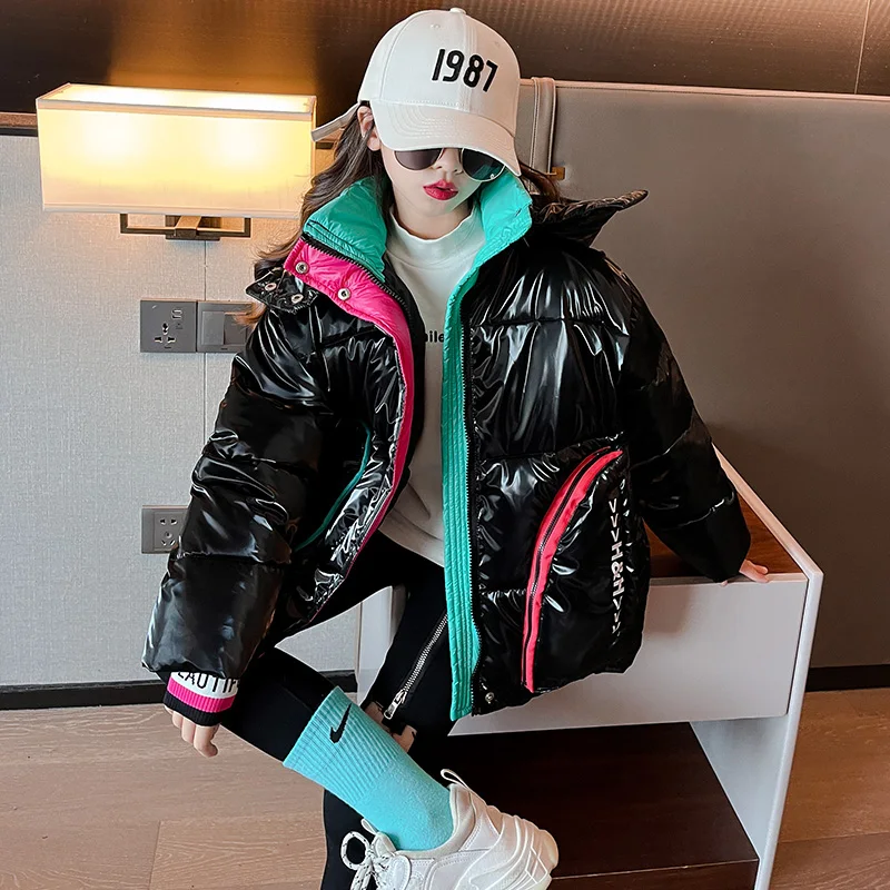 Winter warm children\'s coat 2022 new hooded girls\' jacket down cotton luxury design boys\' coat long sleeve bright leather cheap