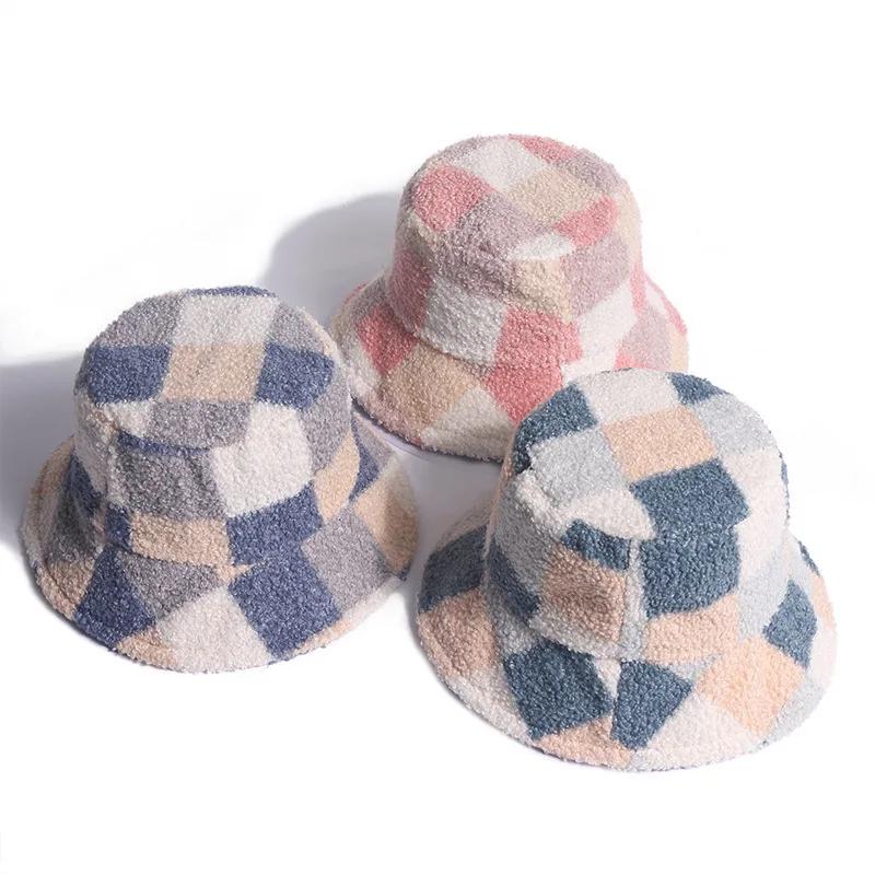 1pc Women Winter Plaid Plush Bucket Hat Color Block Check Fisherman Hat Warm Wide Brim Hat Streetwear Travel Outdoor Casual Cap