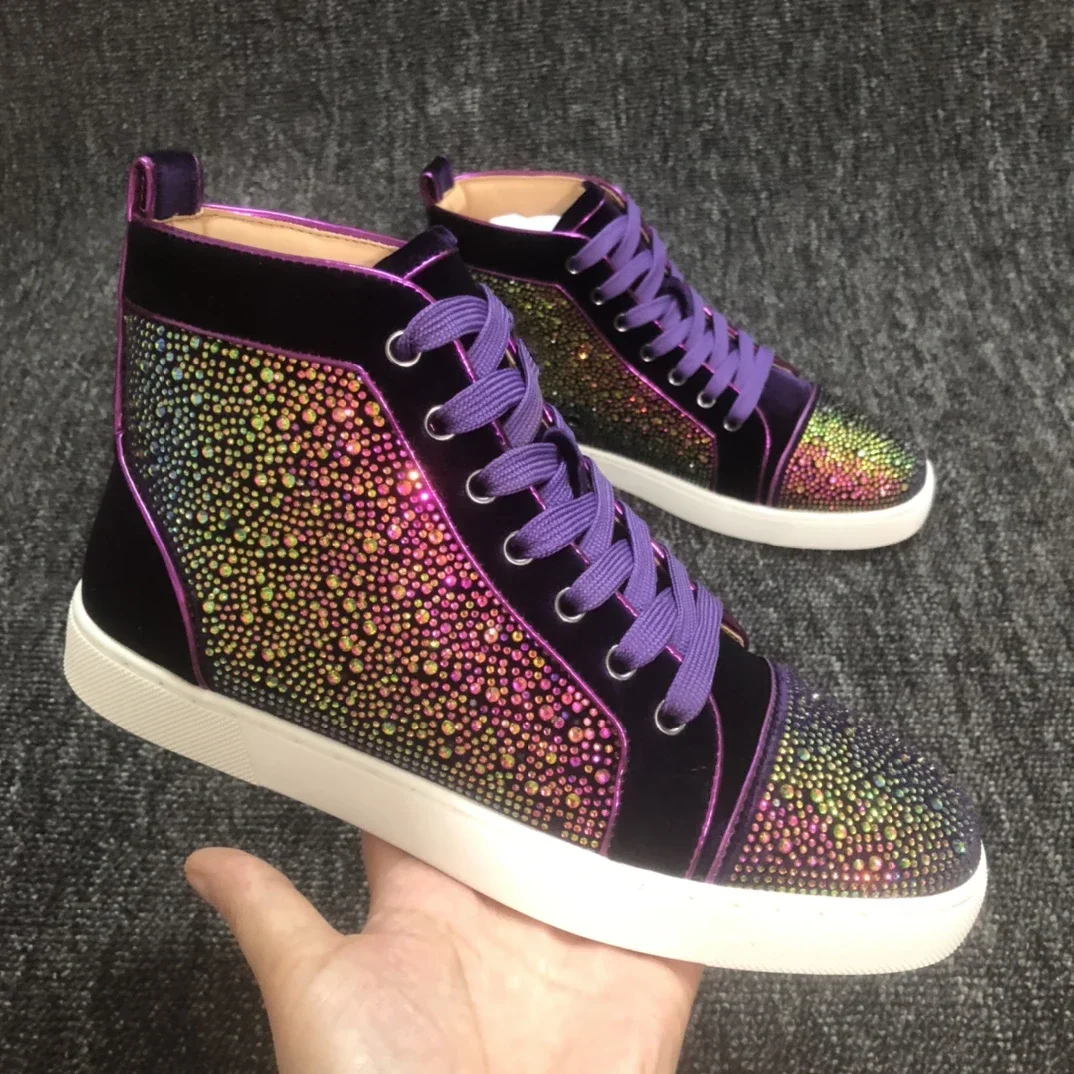 

Colorful Rhinestone Decoration Men's Dress Boots Shoes High Quality Male Round Toe Flat On Purple Ankle Boots Shoes