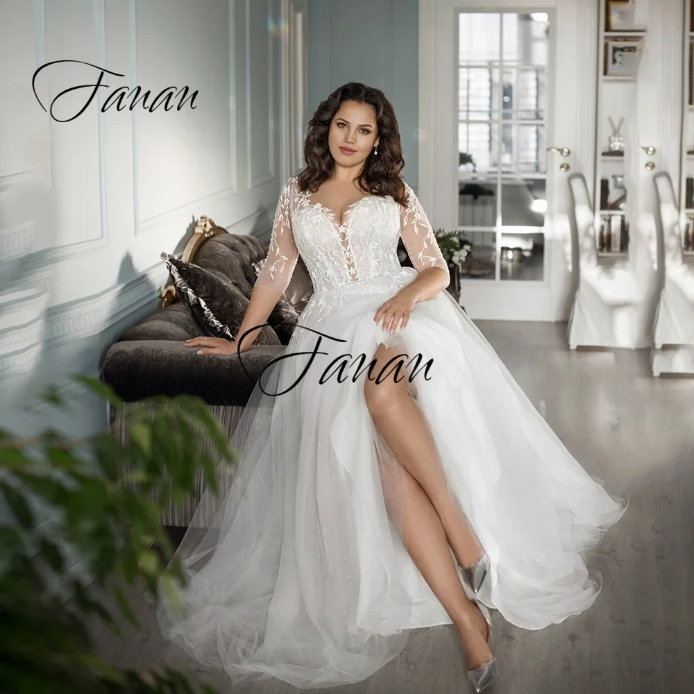 New Sexy O-Neck Deep V See-Through Wedding Dress Half Sleeve Lace Appliques A-Line Spotted Bridal Gown robe de soirée  mariage