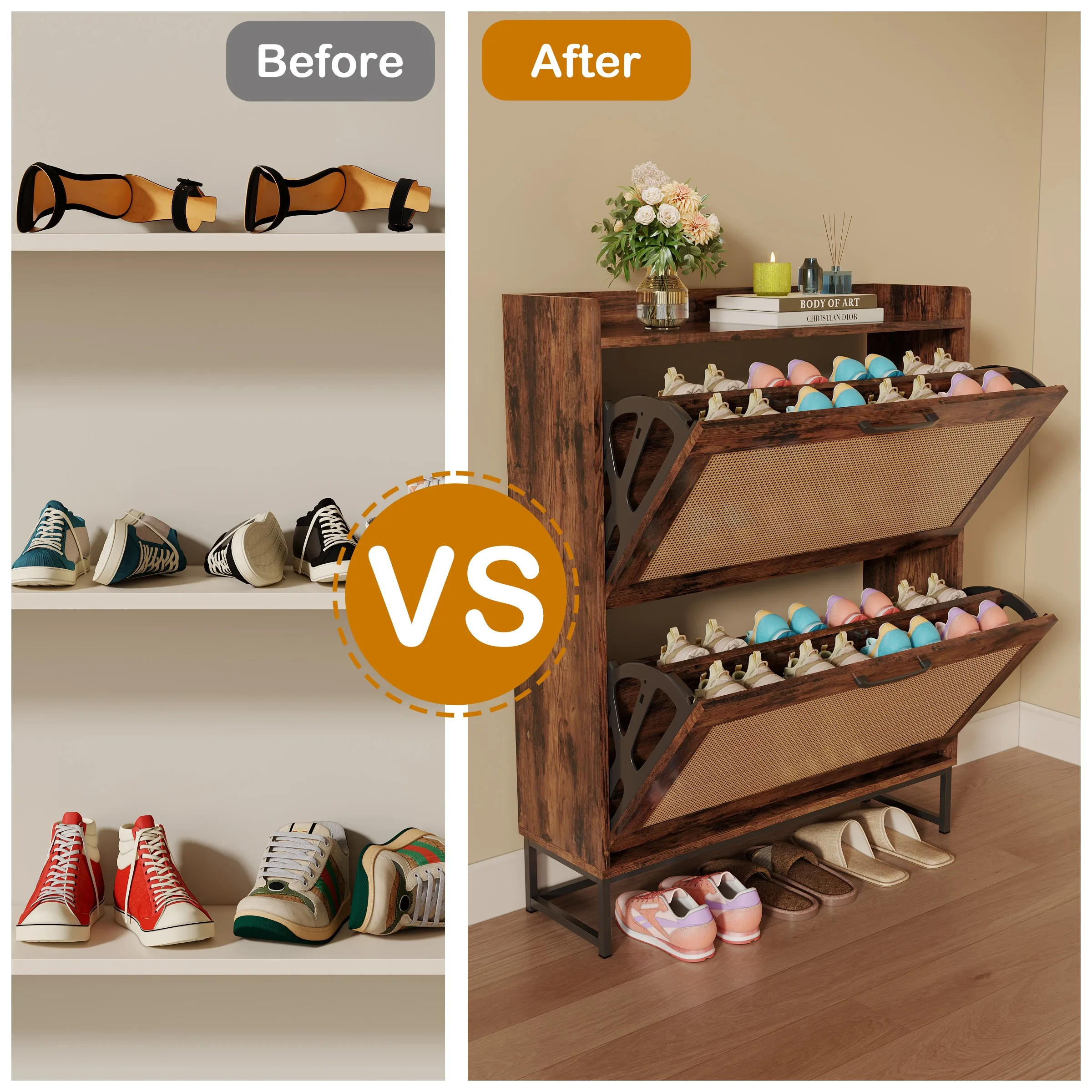 wooden Flip bucket shoe storage cabinet 2 flip drawers independent shoe rack ultra-thin storage cabinet for front door entrance