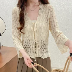 Bow Tie Crochet Top Women Pointelle Knit Flare Sleeve Sheer Openwork Cardigan Jacket Spring Summer Boho Vacation Beach Outfit