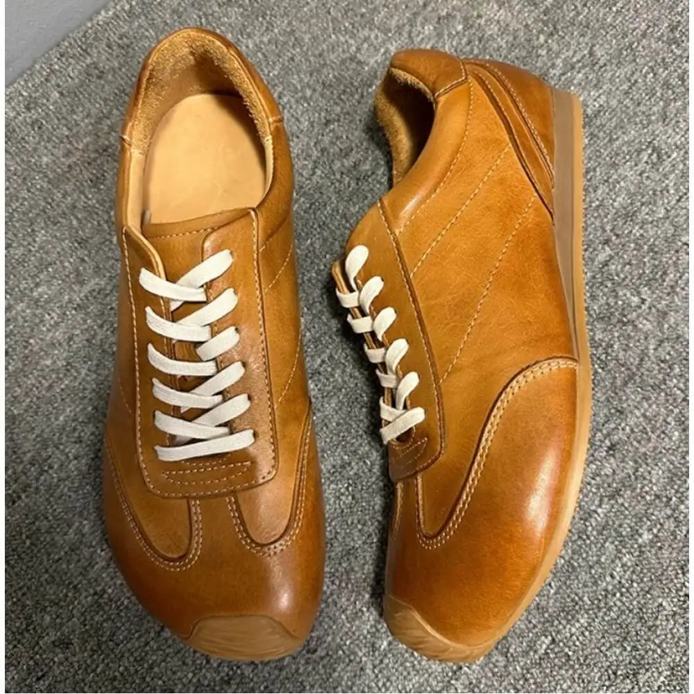 Premium Cognac Leather Retro Low-Top Sneakers – Handcrafted Comfort, Timeless Vintage Style
