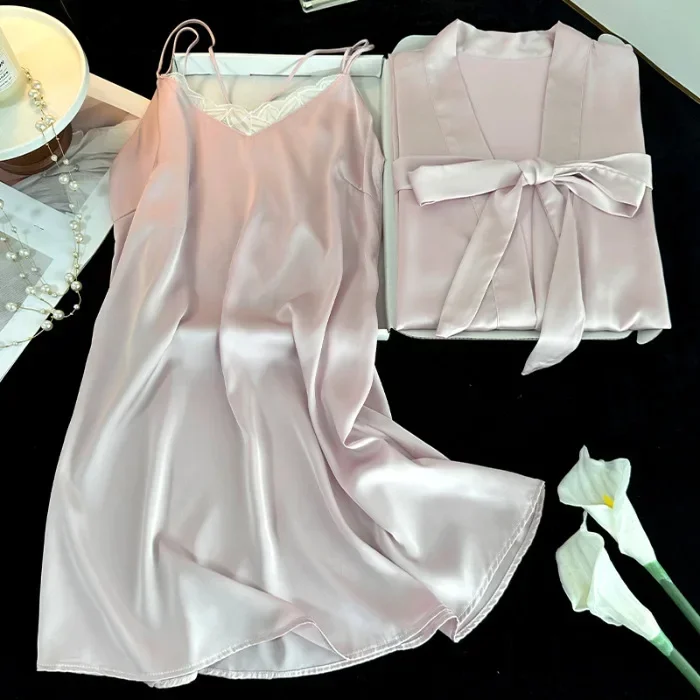 

Women 2PCS Robe Set Spring Summer Satin Sleepwear Sexy Lace Kimono Bathrobe Gown Nightgown Loose Casual Home Dress Loungewear