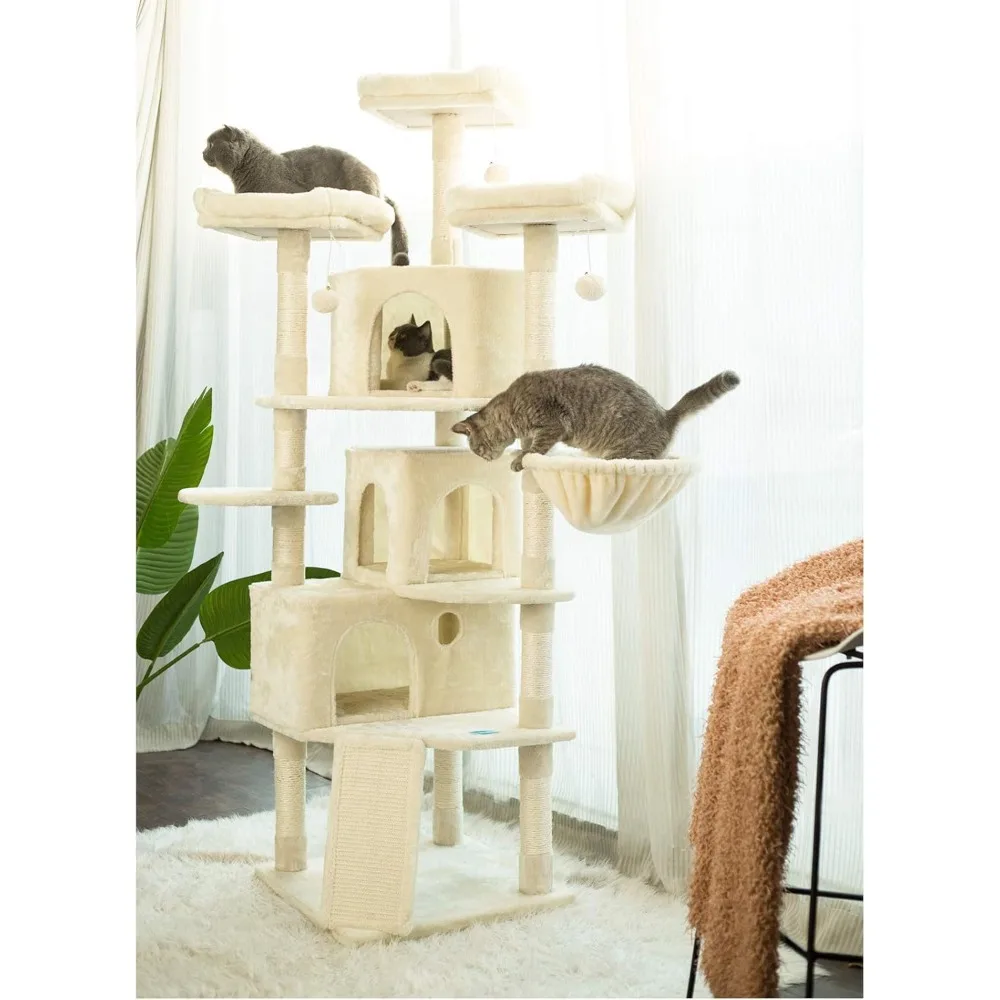 73.4 inch Cat Tower with 3 Caves, 3 Cozy Perches, Scratching Posts, Board, Activity Center Stable for Kitten/Big Cat